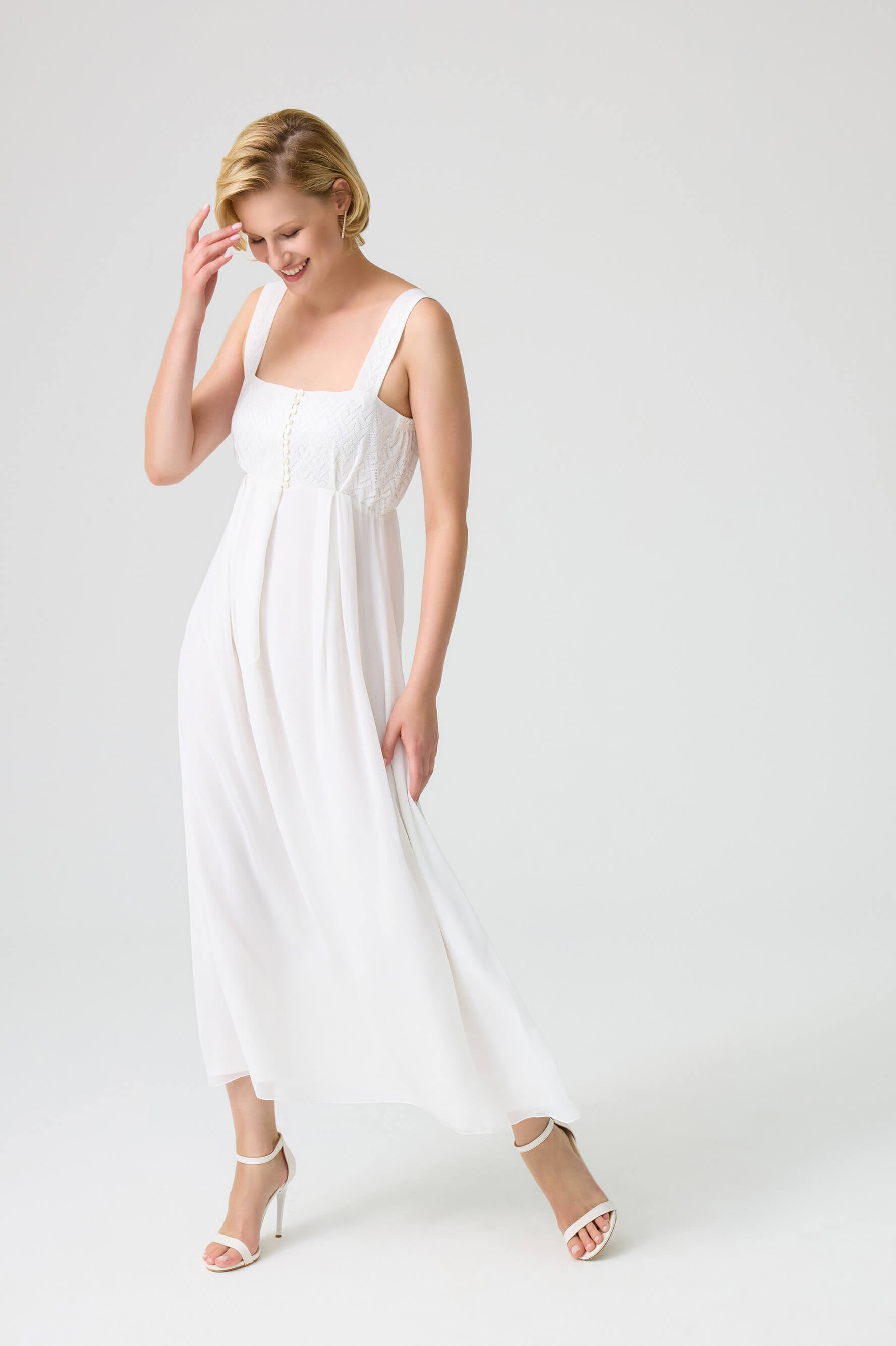 Jane - Silky Crepe Long Trimmed and Buttoned Inner Nightie - White