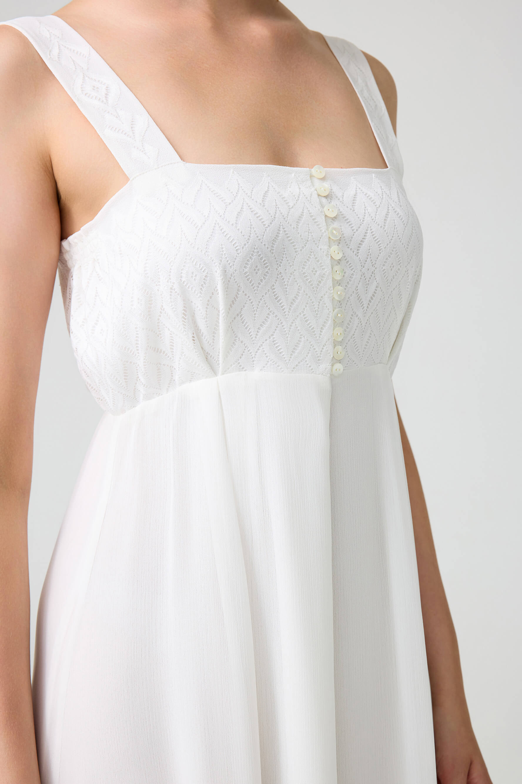 Jane - Silky Crepe Long Trimmed and Buttoned Inner Nightie - White