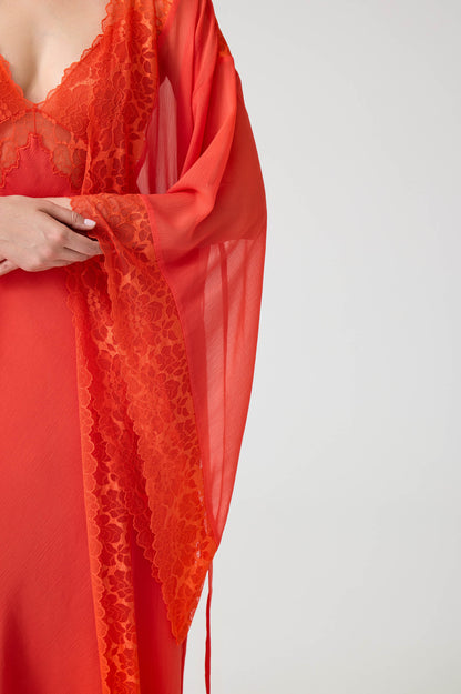 Gabriella- Trimmed Long Silky Chiffon Robe Set with Double Layered Silky Crepe with Silky Chiffon Inner Nightie - Dark Orange