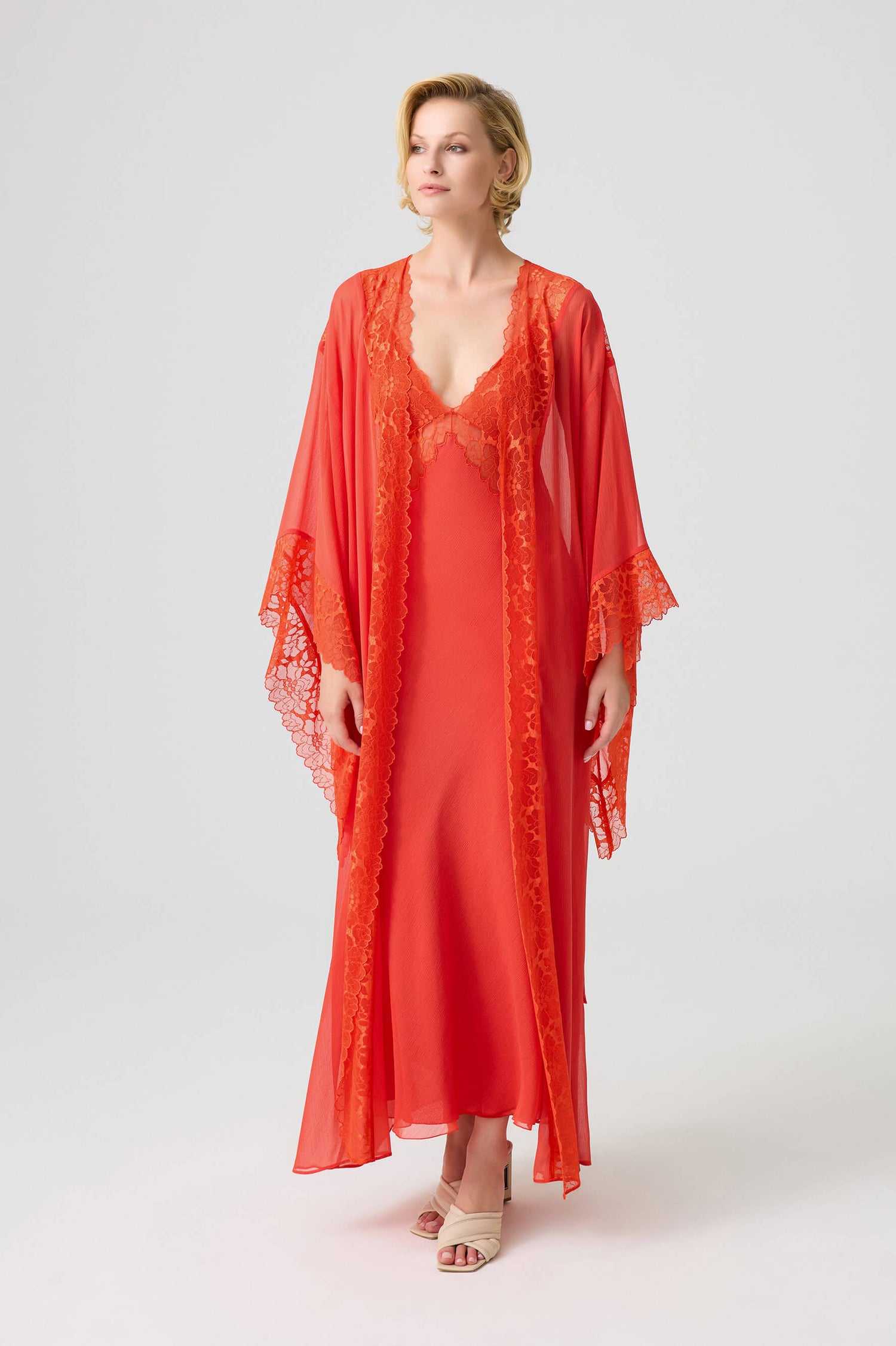 Gabriella- Trimmed Long Silky Chiffon Robe Set with Double Layered Silky Crepe with Silky Chiffon Inner Nightie - Dark Orange