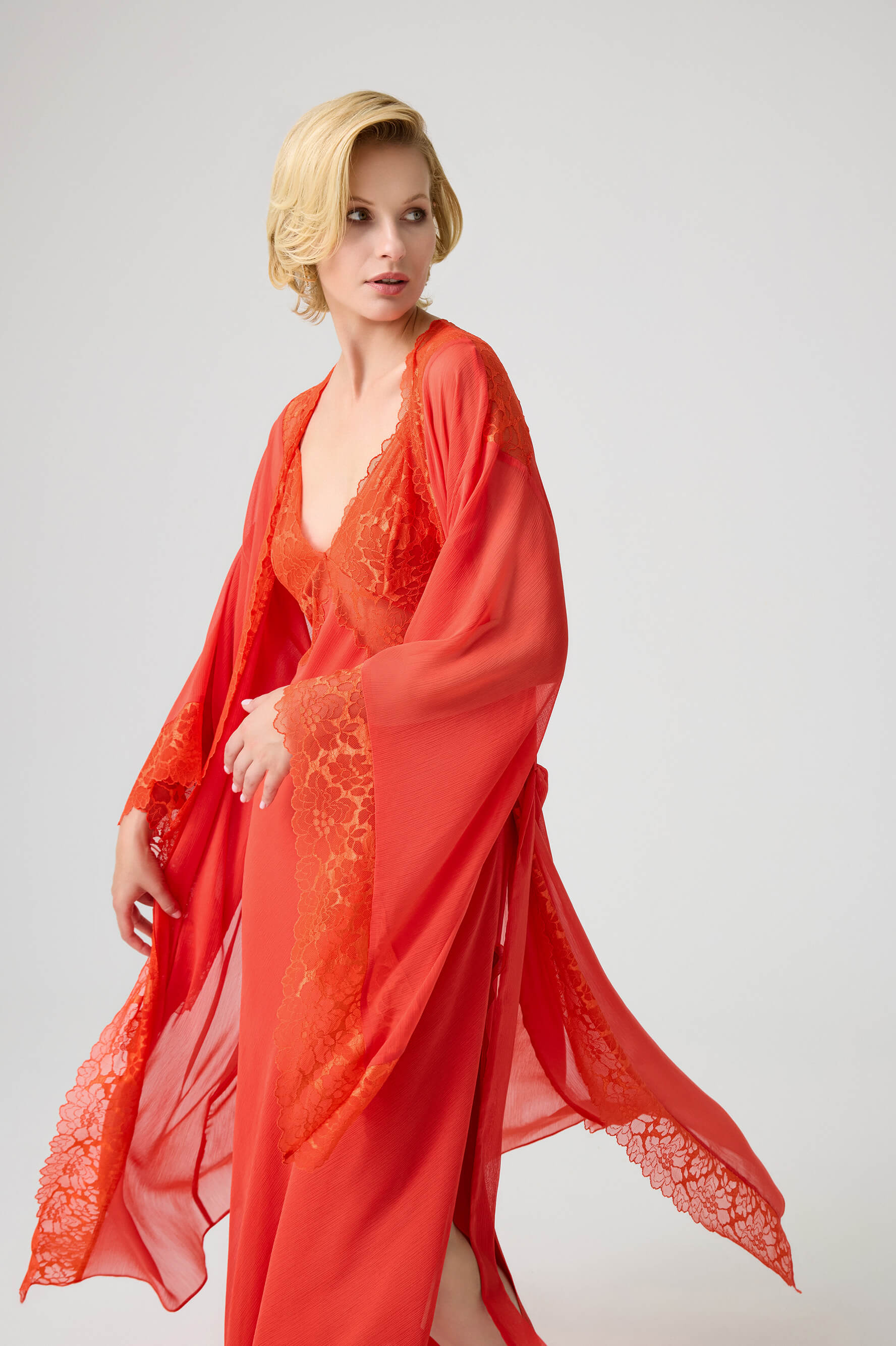 Gabriella- Trimmed Long Silky Chiffon Robe Set with Double Layered Silky Crepe with Silky Chiffon Inner Nightie - Dark Orange