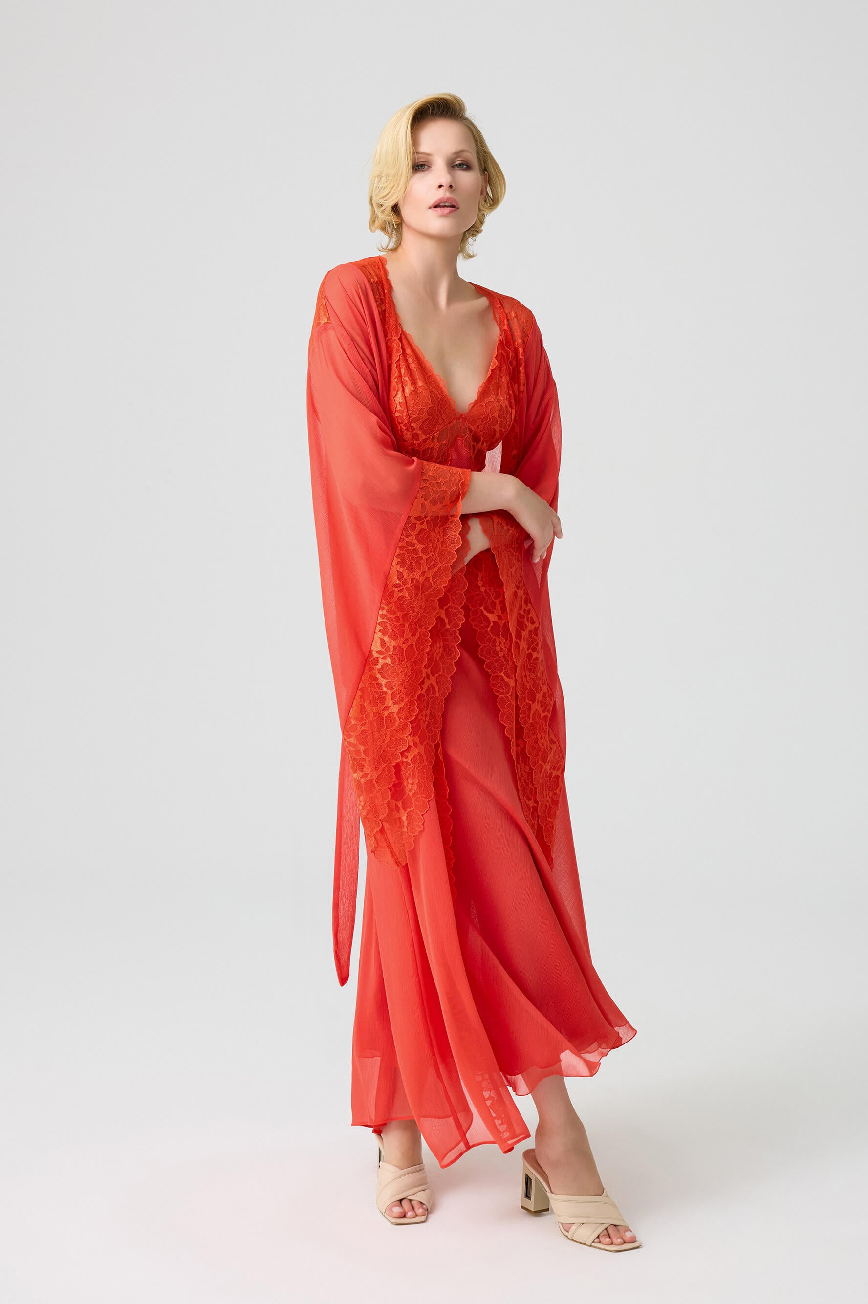 Gabriella- Trimmed Long Silky Chiffon Robe Set with Double Layered Silky Crepe with Silky Chiffon Inner Nightie - Dark Orange