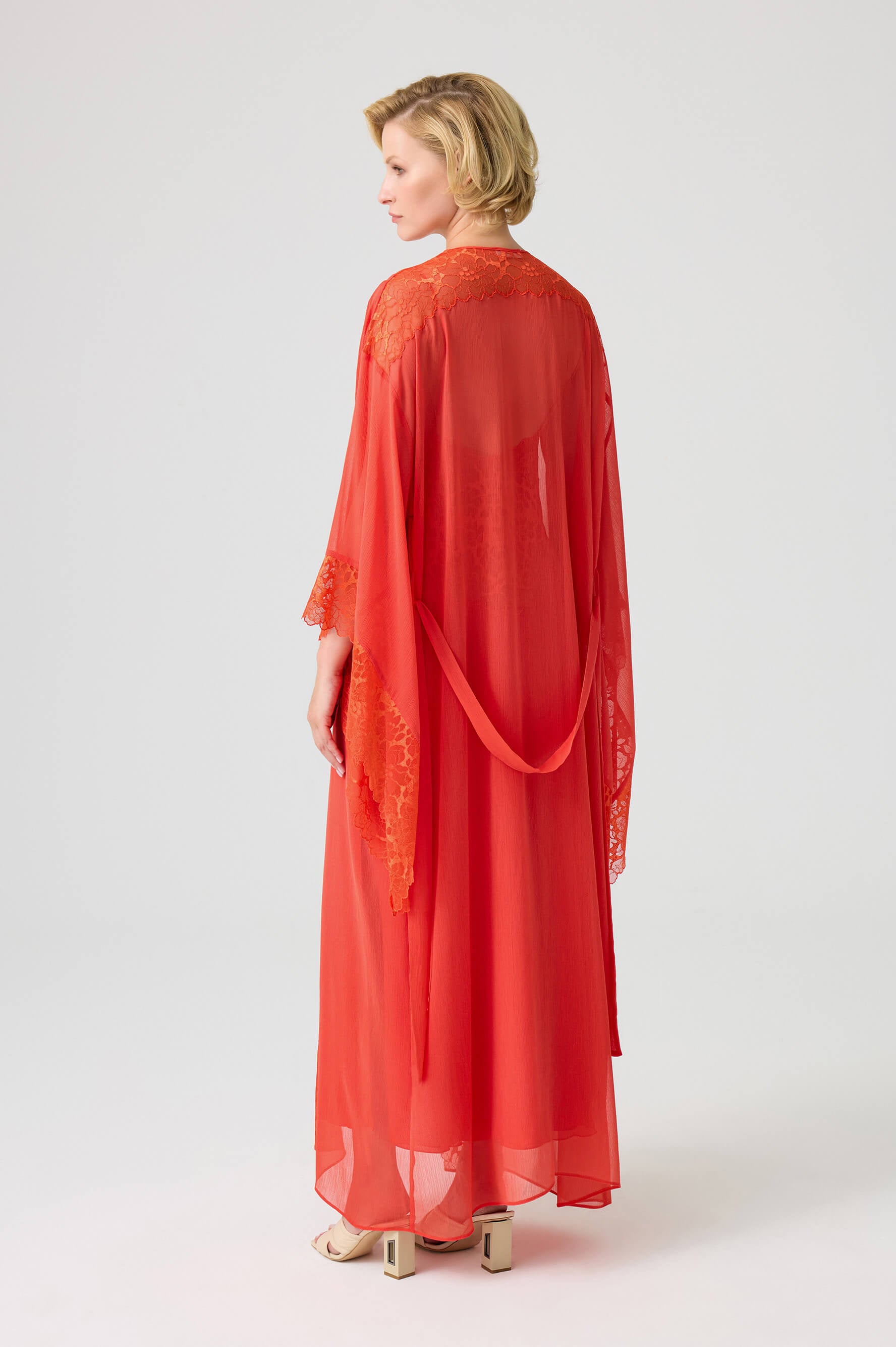 Gabriella- Trimmed Long Silky Chiffon Robe Set with Double Layered Silky Crepe with Silky Chiffon Inner Nightie - Dark Orange