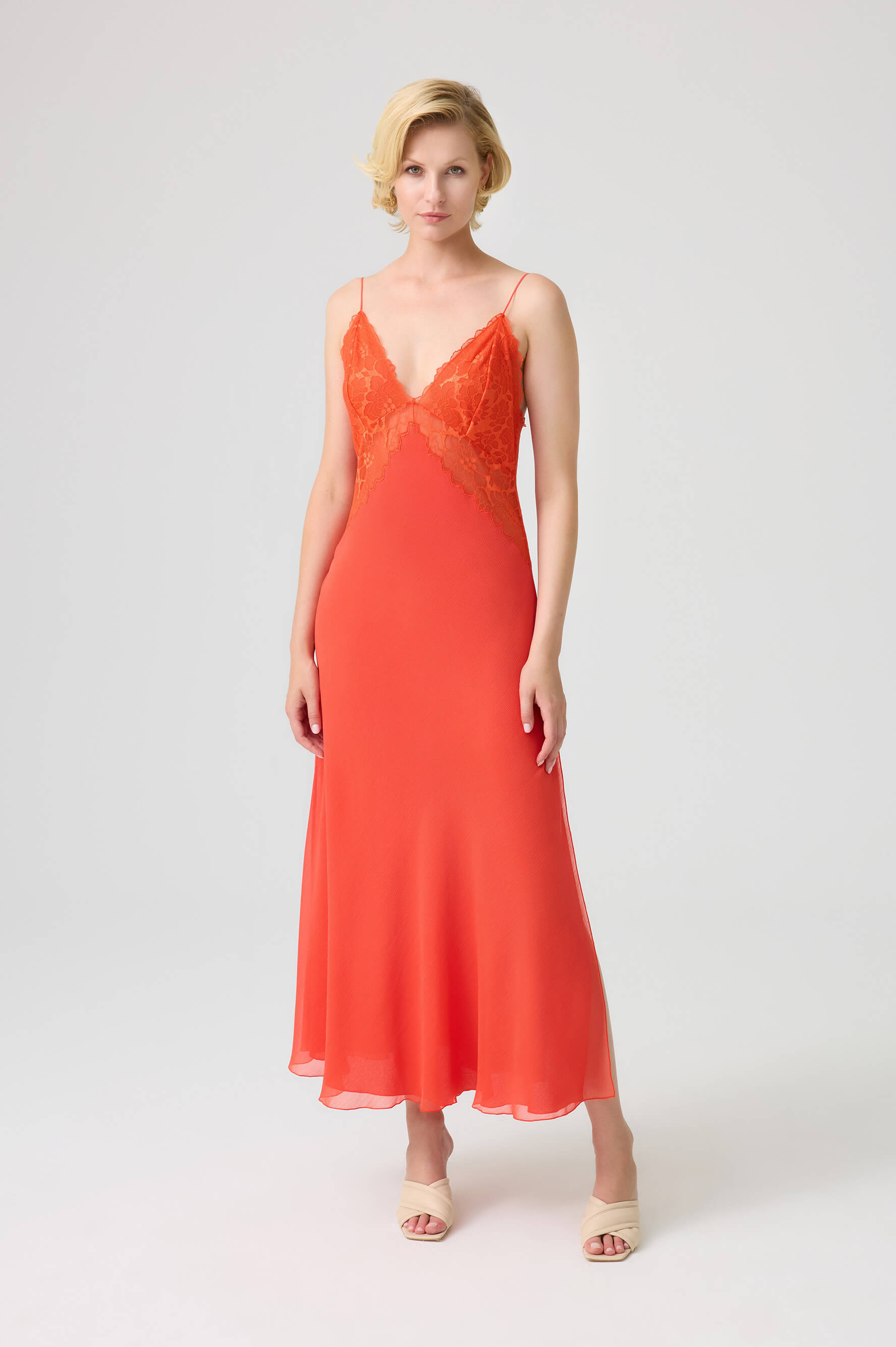 Philippa- Trimmed Double Layered Silky Crepe with Silky Chiffon Inner Nightie - Dark Orange