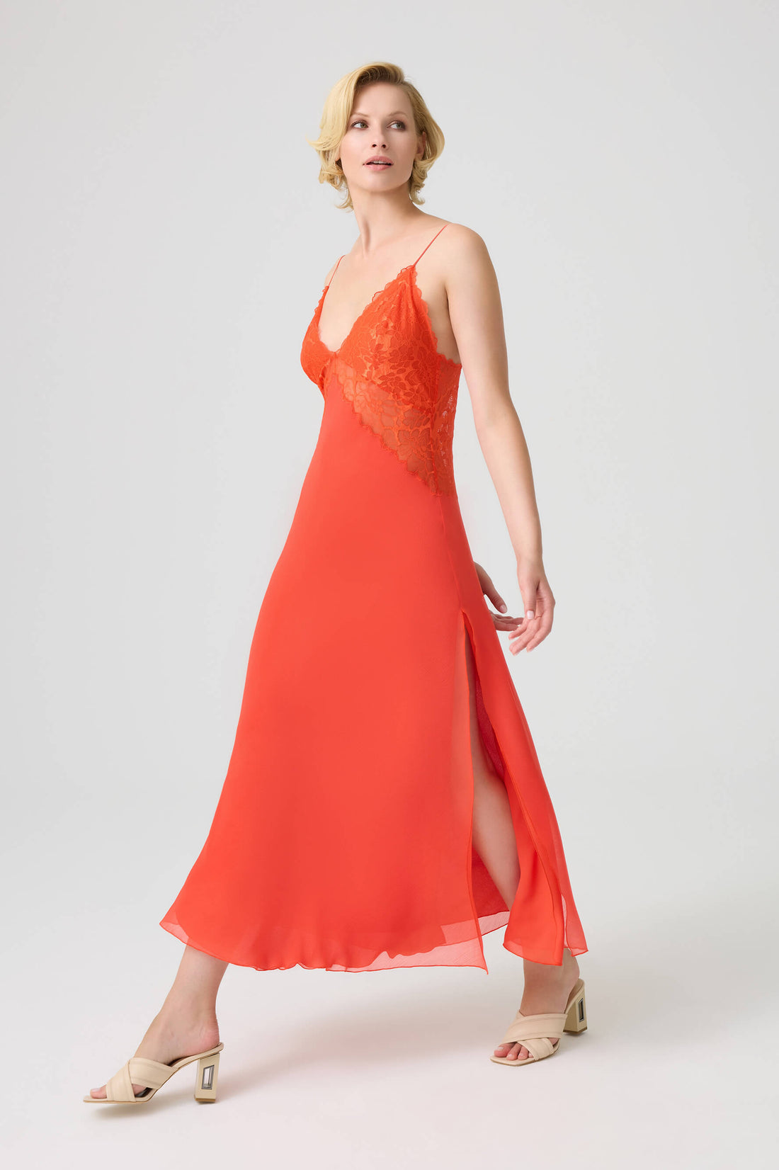 Philippa- Trimmed Double Layered Silky Crepe with Silky Chiffon Inner Nightie - Dark Orange