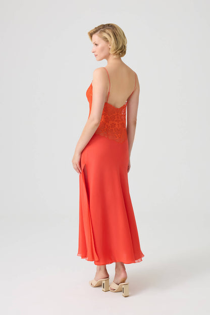 Philippa- Trimmed Double Layered Silky Crepe with Silky Chiffon Inner Nightie - Dark Orange