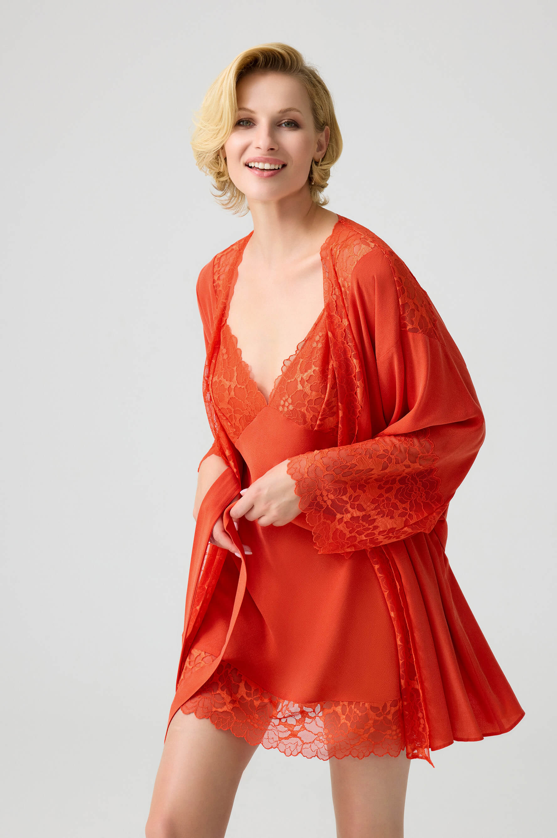 Miss Gabriella- Trimmed Short CUPRO Robe Set with Matching CUPRO Inner Nightie - Dark Orange