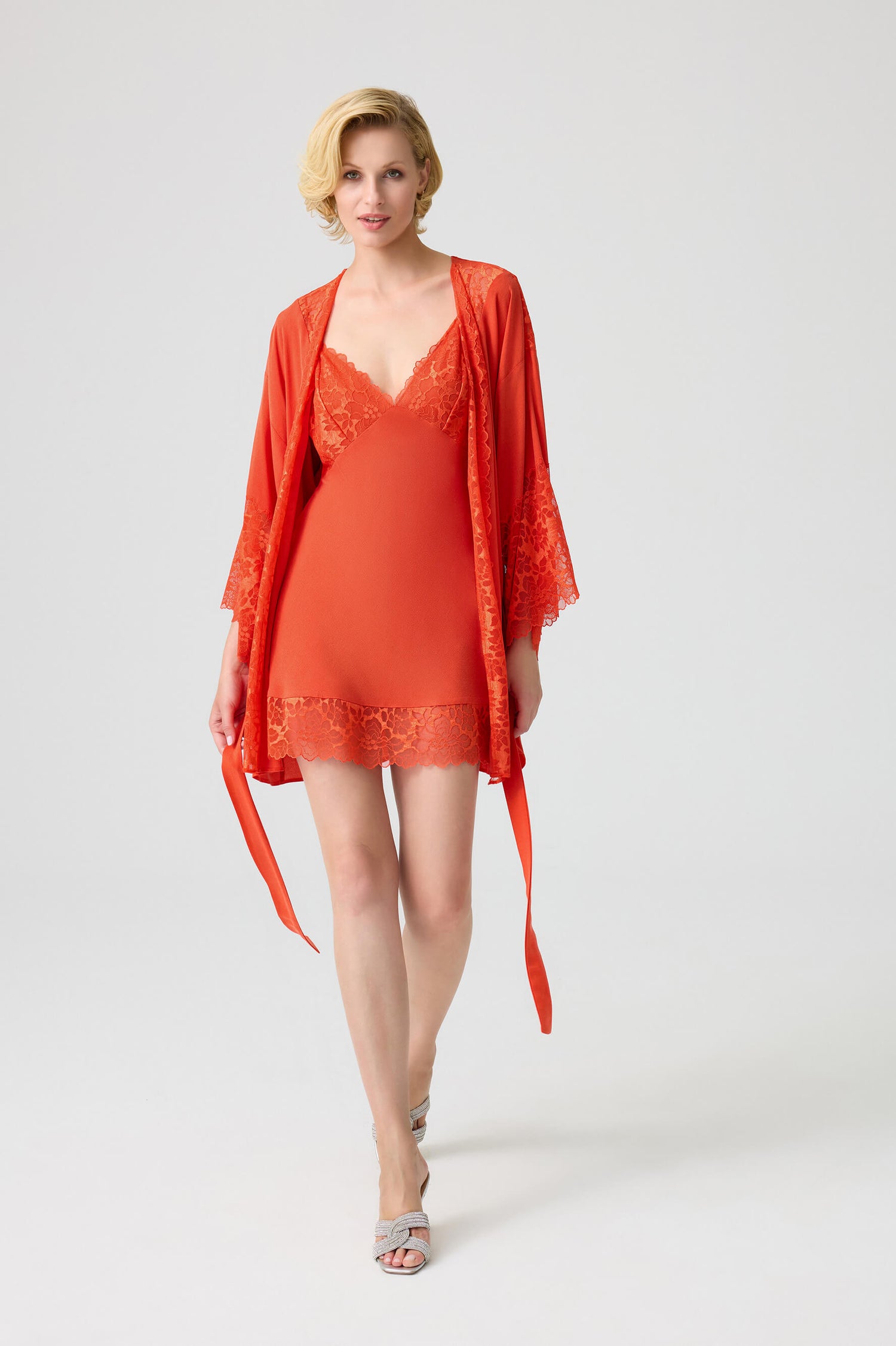 Miss Gabriella- Trimmed Short CUPRO Robe Set with Matching CUPRO Inner Nightie - Dark Orange