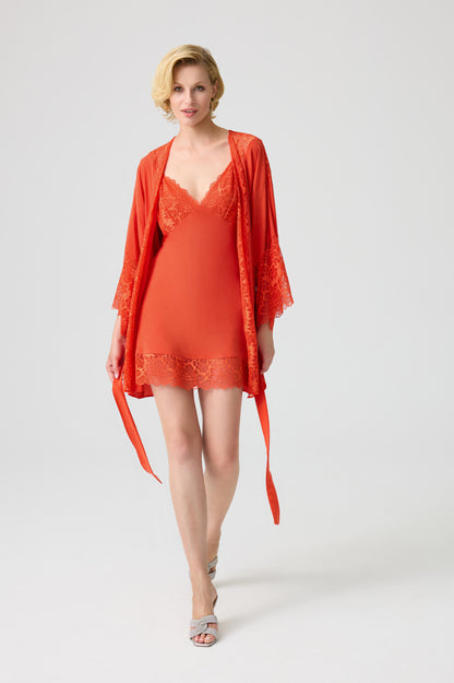 Miss Gabriella- Trimmed Short CUPRO Robe Set with Matching CUPRO Inner Nightie - Dark Orange