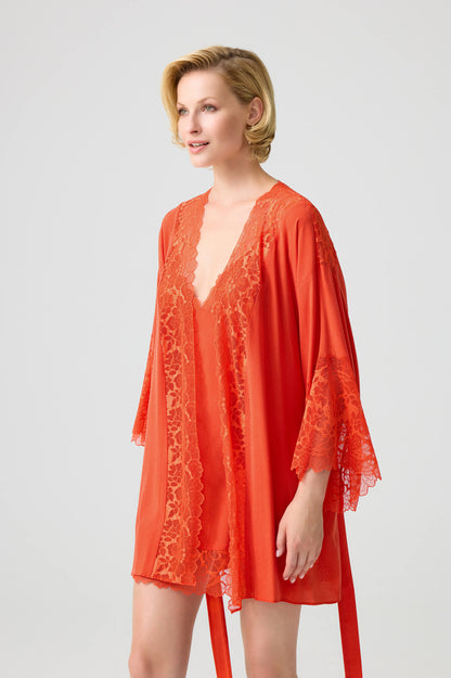 Miss Gabriella- Trimmed Short CUPRO Robe Set with Matching CUPRO Inner Nightie - Dark Orange