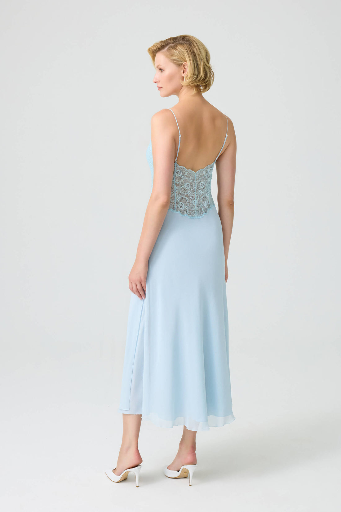 Zara - Trimmed Double Layered Silky Crepe with Silky Chiffon Inner Nightgown - Turquiose