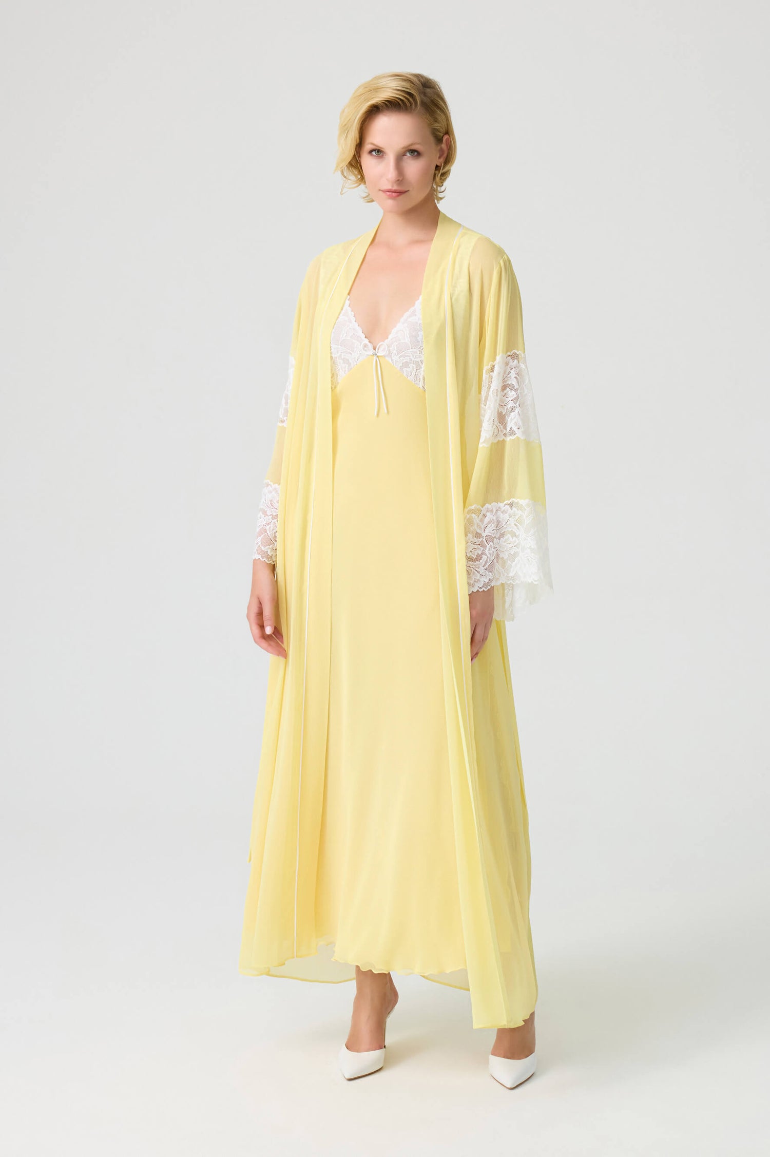 Celeste- Silky Chiffon Kimono Set - Yellow and White