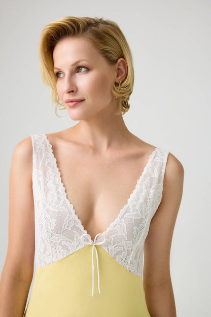 Seraphina - Trimmed Double Layered Silky Crepe with Silky Chiffon Inner Nightie - Yellow and White