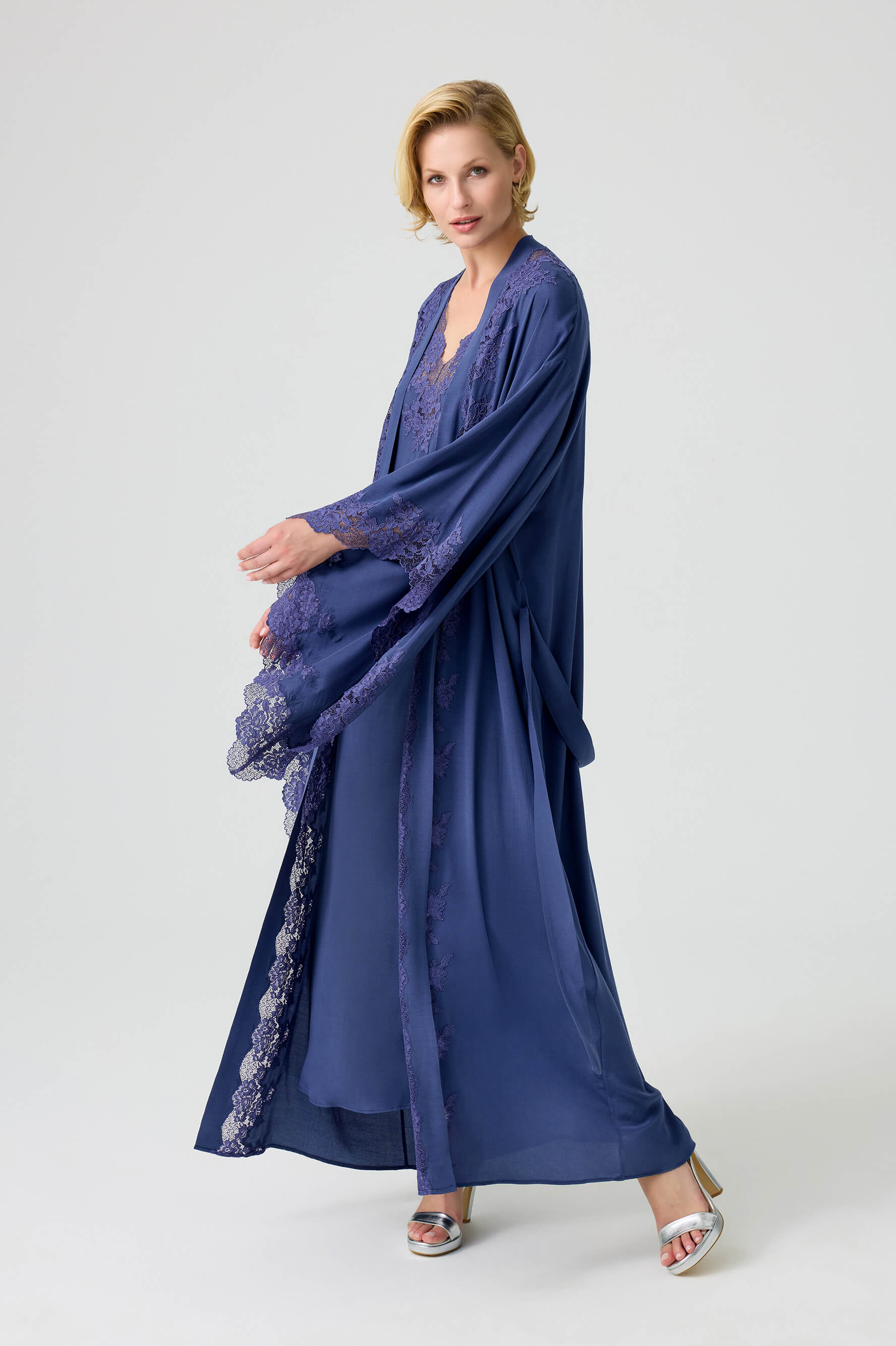 Marina - Trimmed Long Rayon Kimono Set with Buttoned Inner Nightie on Shoulder - Navy Blue