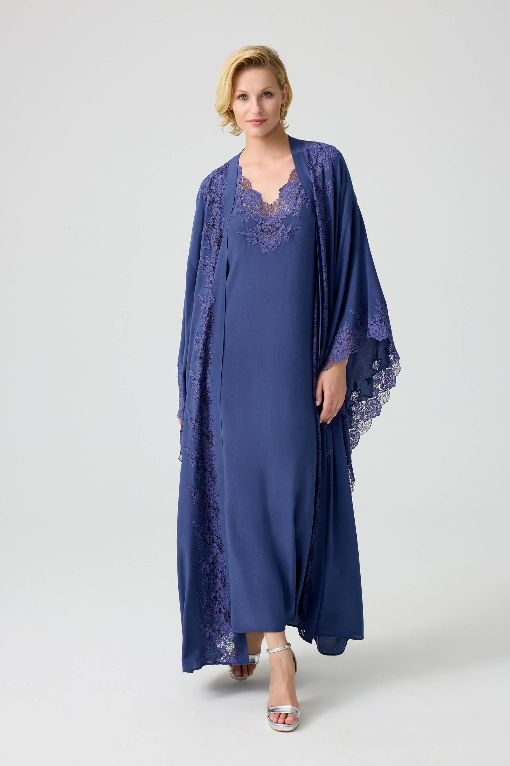 Marina - Trimmed Long Rayon Kimono Set with Buttoned Inner Nightie on Shoulder - Navy Blue