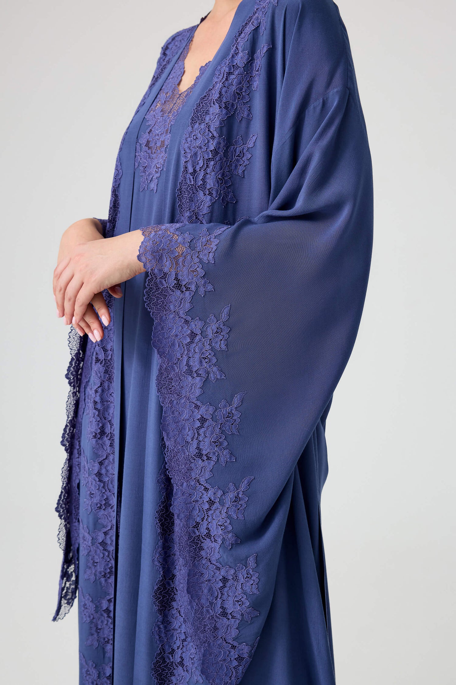 Marina - Trimmed Long Rayon Kimono Set with Buttoned Inner Nightie on Shoulder - Navy Blue