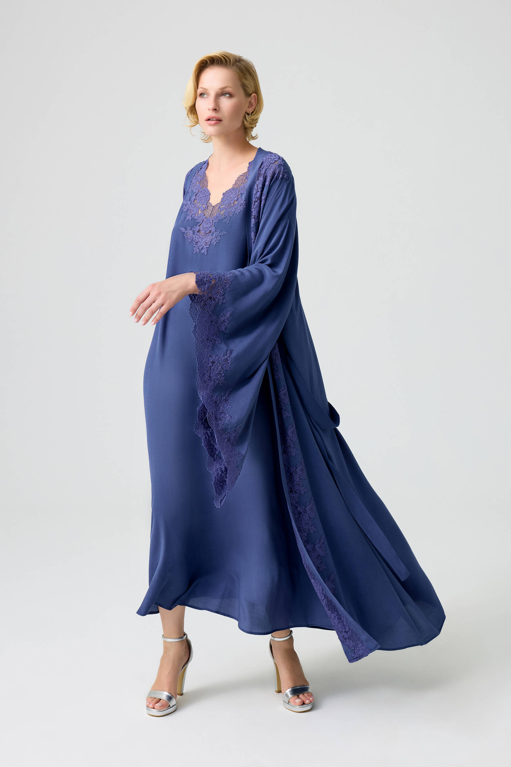 Marina - Trimmed Long Rayon Kimono Set with Buttoned Inner Nightie on Shoulder - Navy Blue