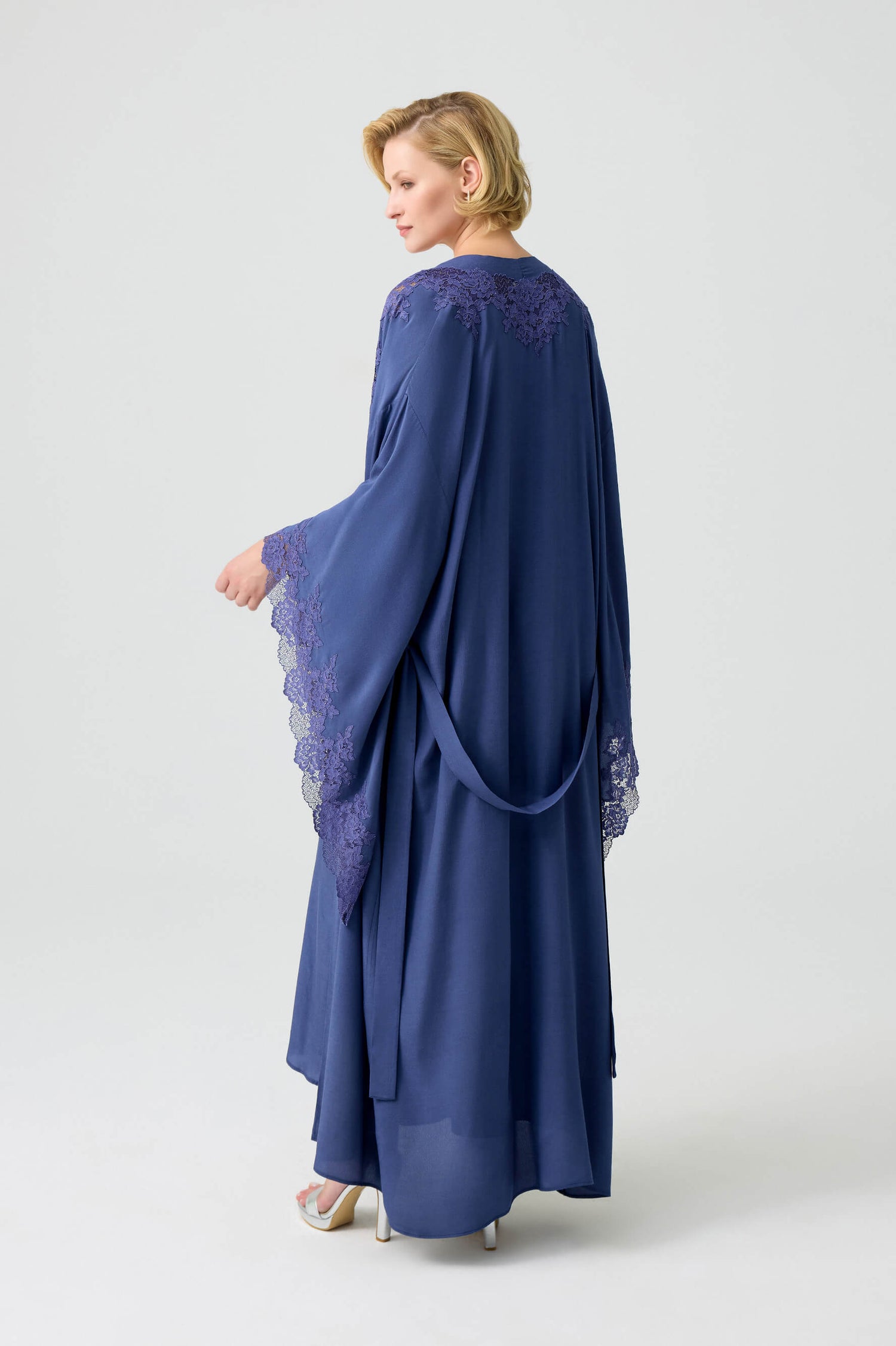 Marina - Trimmed Long Rayon Kimono Set with Buttoned Inner Nightie on Shoulder - Navy Blue