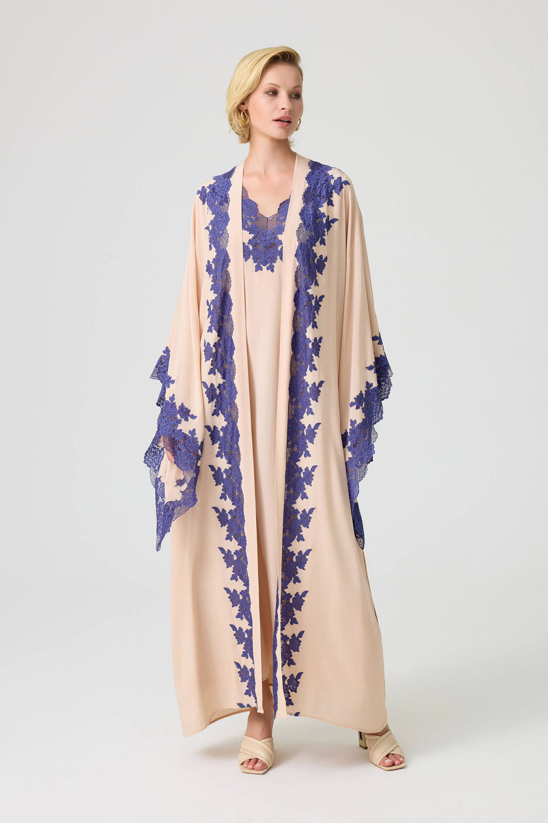 Marina - Trimmed Long Rayon Kimono Set with Buttoned Inner Nightie on Shoulder - Beige