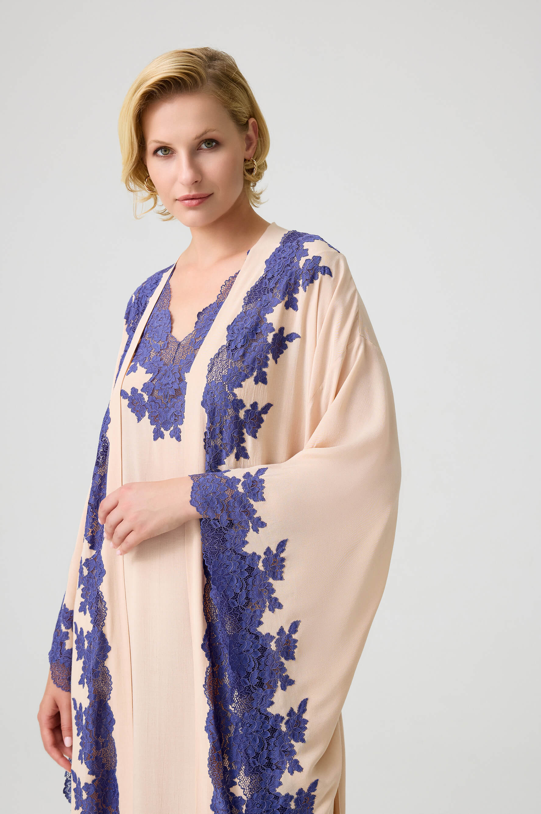 Marina - Trimmed Long Rayon Kimono Set with Buttoned Inner Nightie on Shoulder - Beige