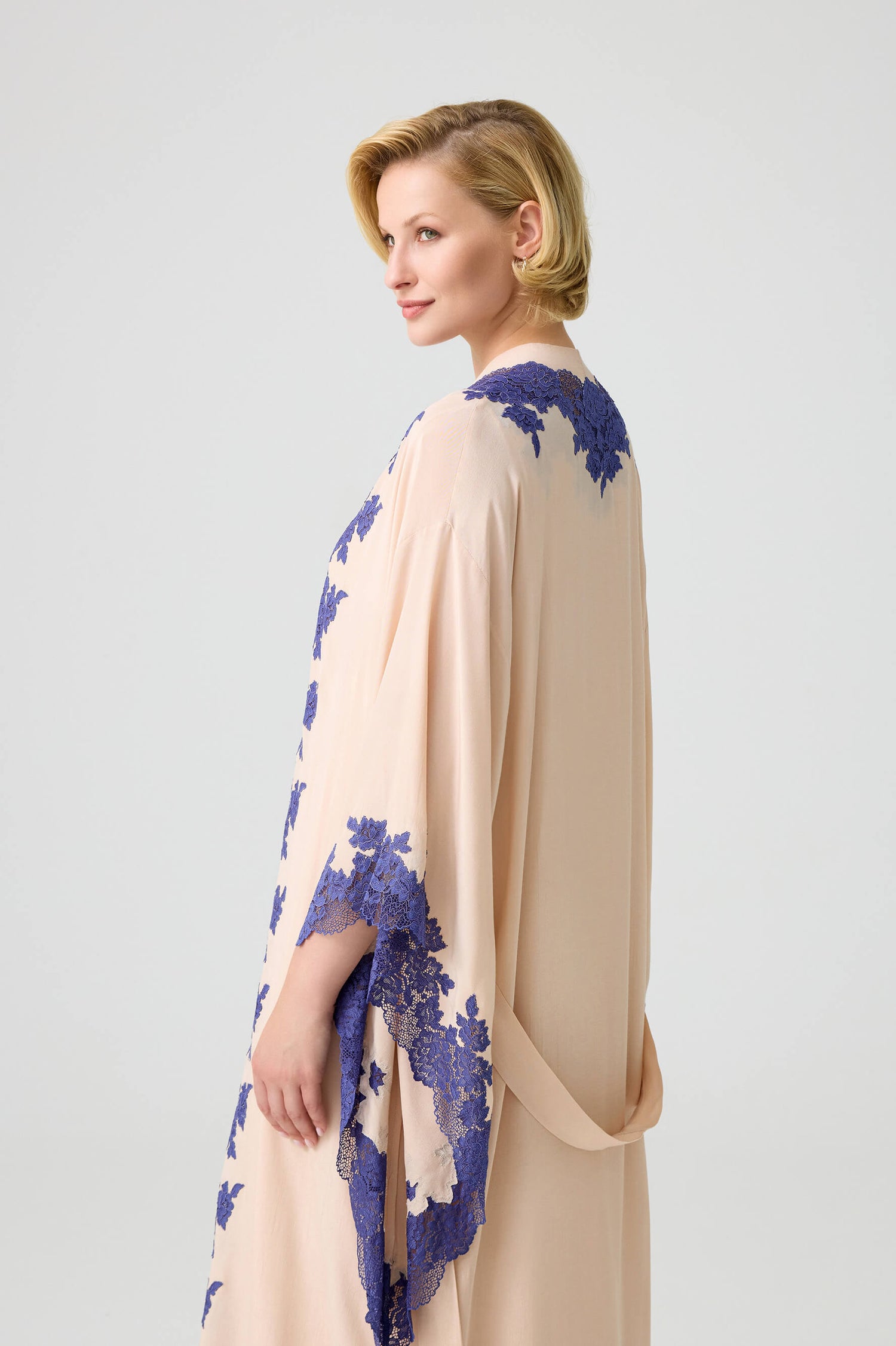 Marina - Trimmed Long Rayon Kimono Set with Buttoned Inner Nightie on Shoulder - Beige