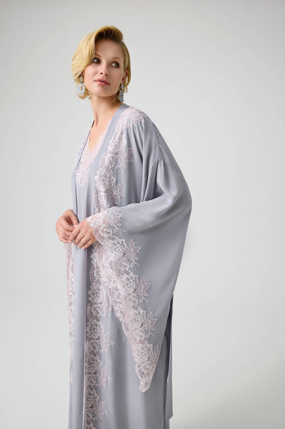 Mary - Trimmed Long Rayon Kimono Set with Buttoned Inner Nightie on Shoulder - Light Grey