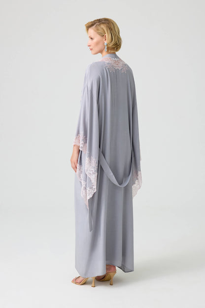 Mary - Trimmed Long Rayon Kimono Set with Buttoned Inner Nightie on Shoulder - Light Grey