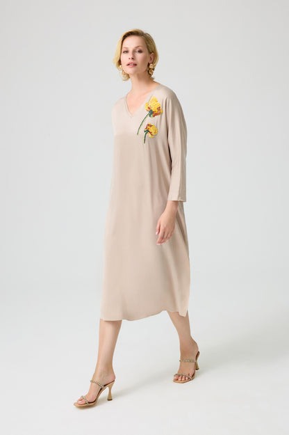 Fawn - CUPRO Midi Embellished Dress - Beige