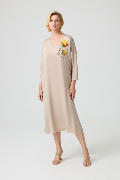 Fawn - CUPRO Midi Embellished Dress - Beige