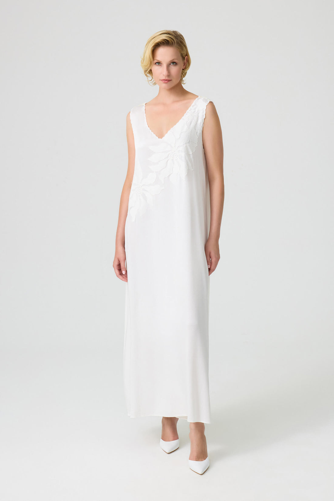 Lulu- Long Rayon Embroidered with Lace V Neck Nightgown - Off White