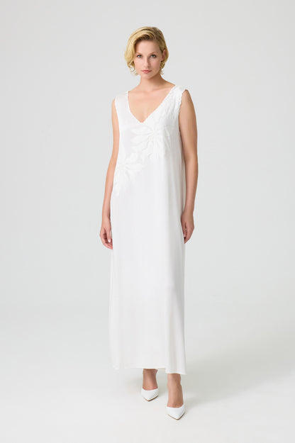 Lulu- Long Rayon Embroidered with Lace V Neck Nightgown - Off White