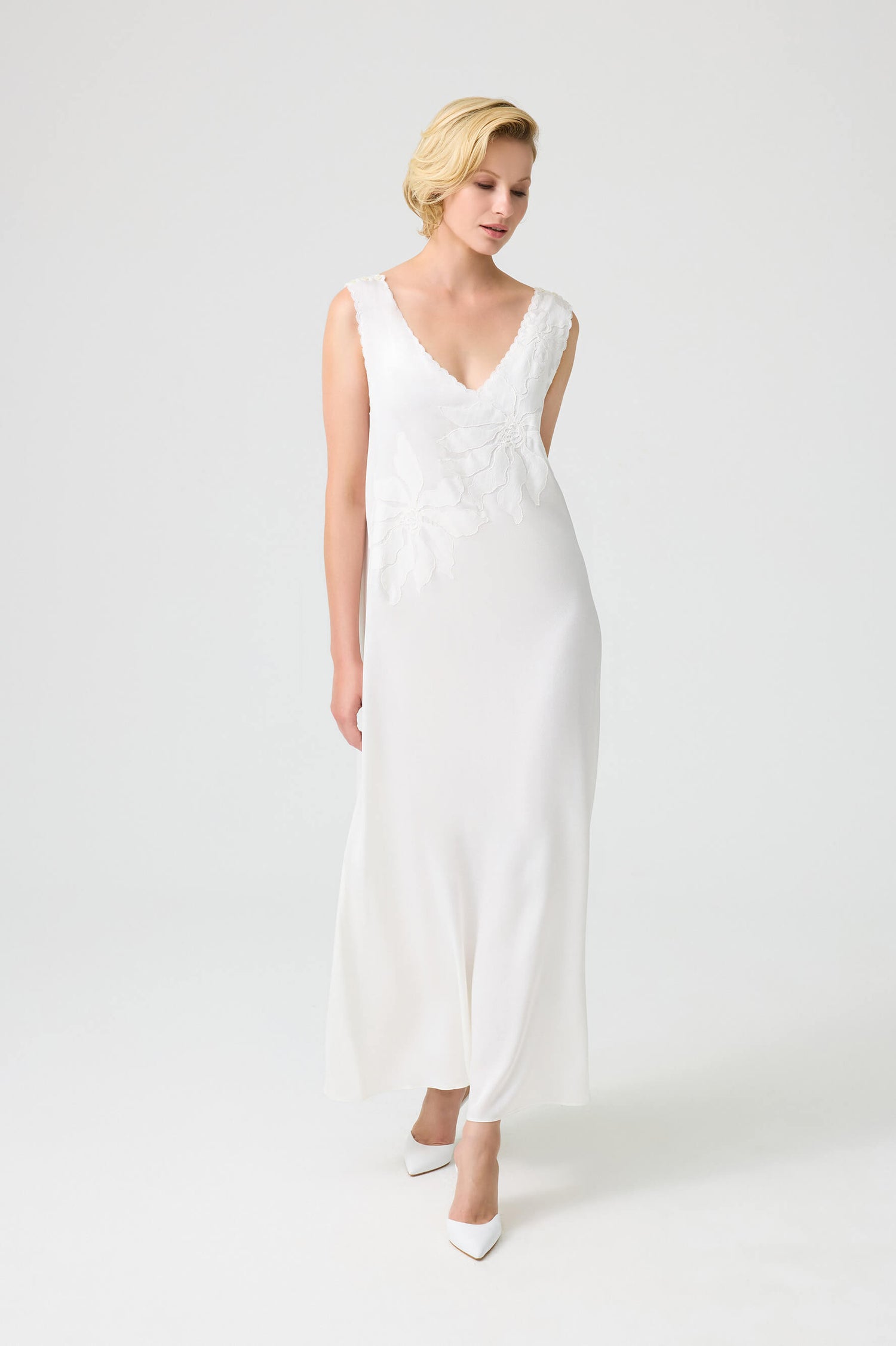 Lulu- Long Rayon Embroidered with Lace V Neck Nightgown - Off White