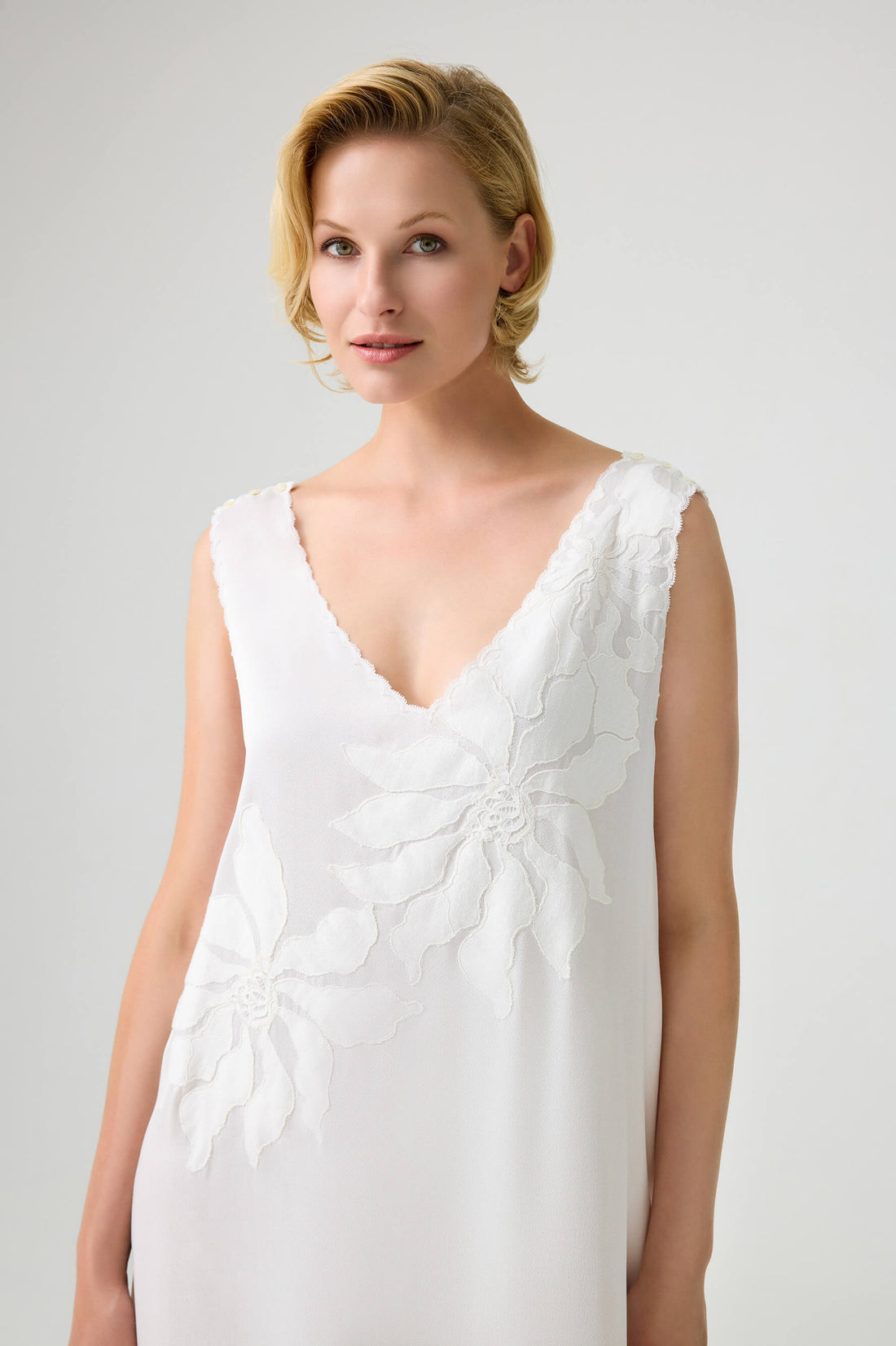 Lulu- Long Rayon Embroidered with Lace V Neck Nightgown - Off White