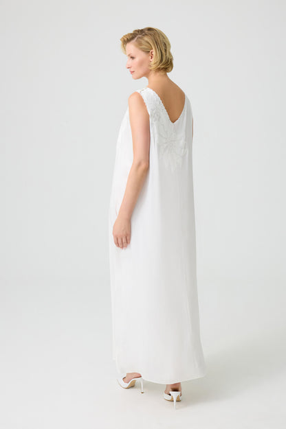 Lulu- Long Rayon Embroidered with Lace V Neck Nightgown - Off White