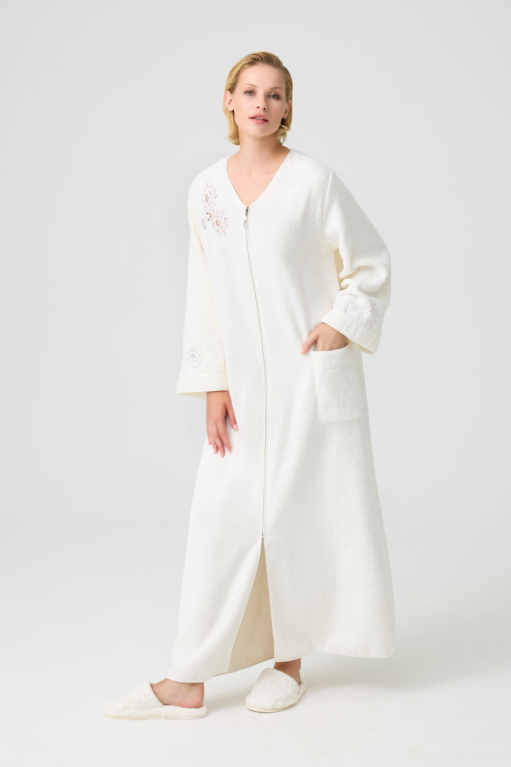 Charm - Zippered and Trimmed Cotton Bathrobe - Off White