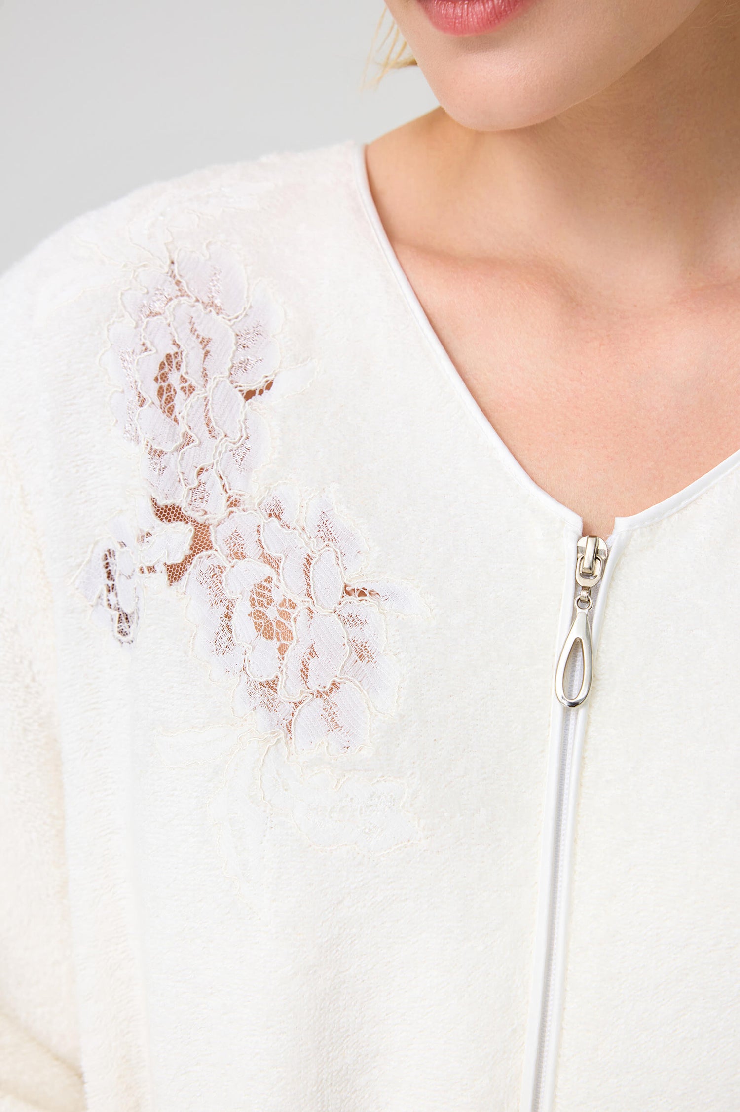 Charm - Zippered and Trimmed Cotton Bathrobe - Off White