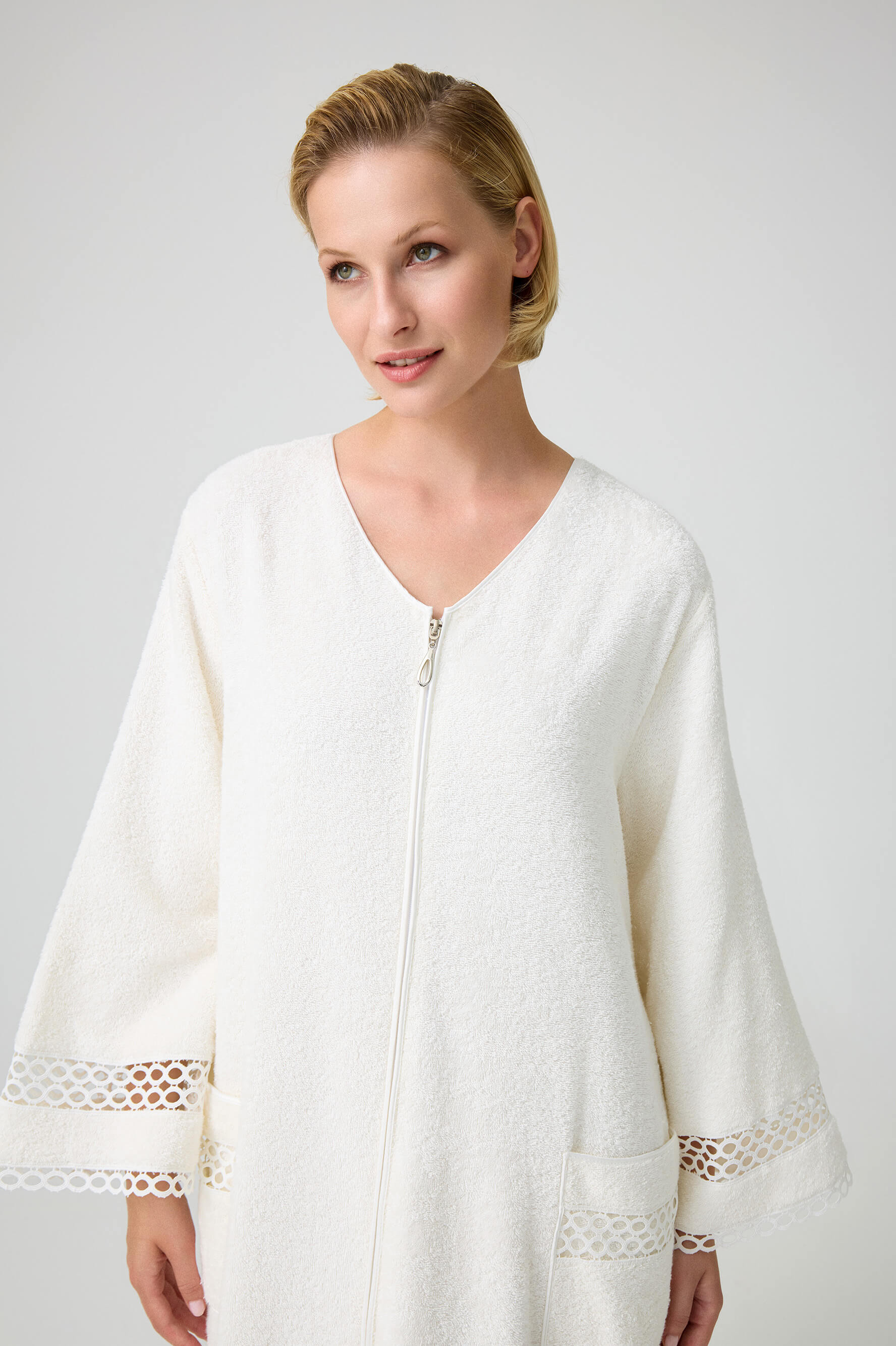 Dove - Zippered and Trimmed Cotton Bathrobe - Off White