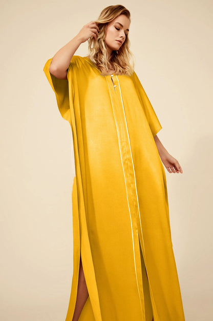 Cara Long Buttoned Kaftan Dress in Rayon - Saffron