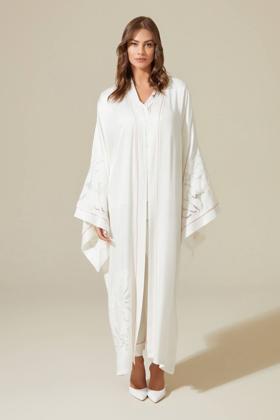 Hope Long Trimmed Robe Set with Pyjama Set  - Off White with Shell Pink Pipe