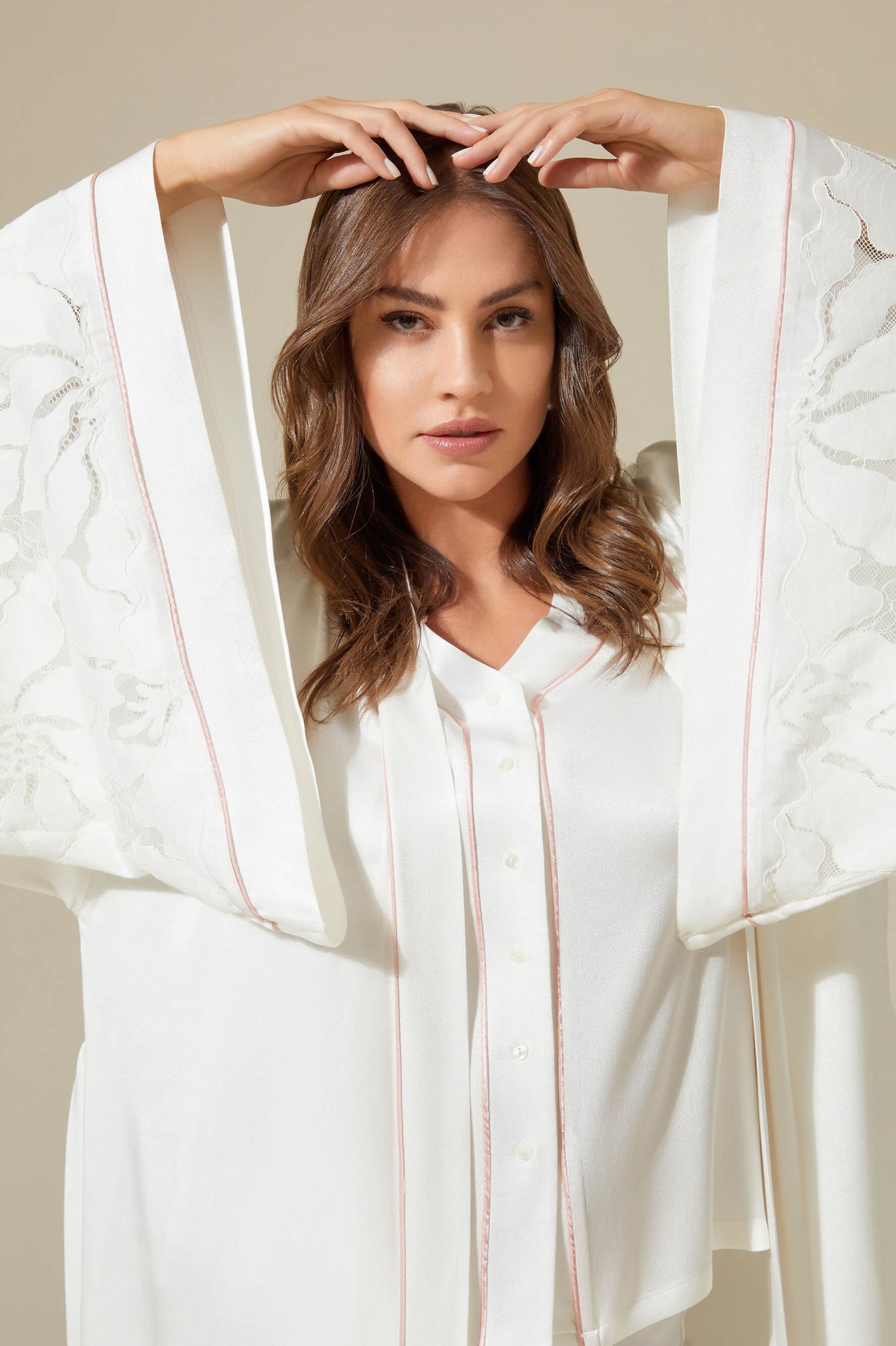 Hope Long Trimmed Robe Set with Pyjama Set  - Off White with Shell Pink Pipe