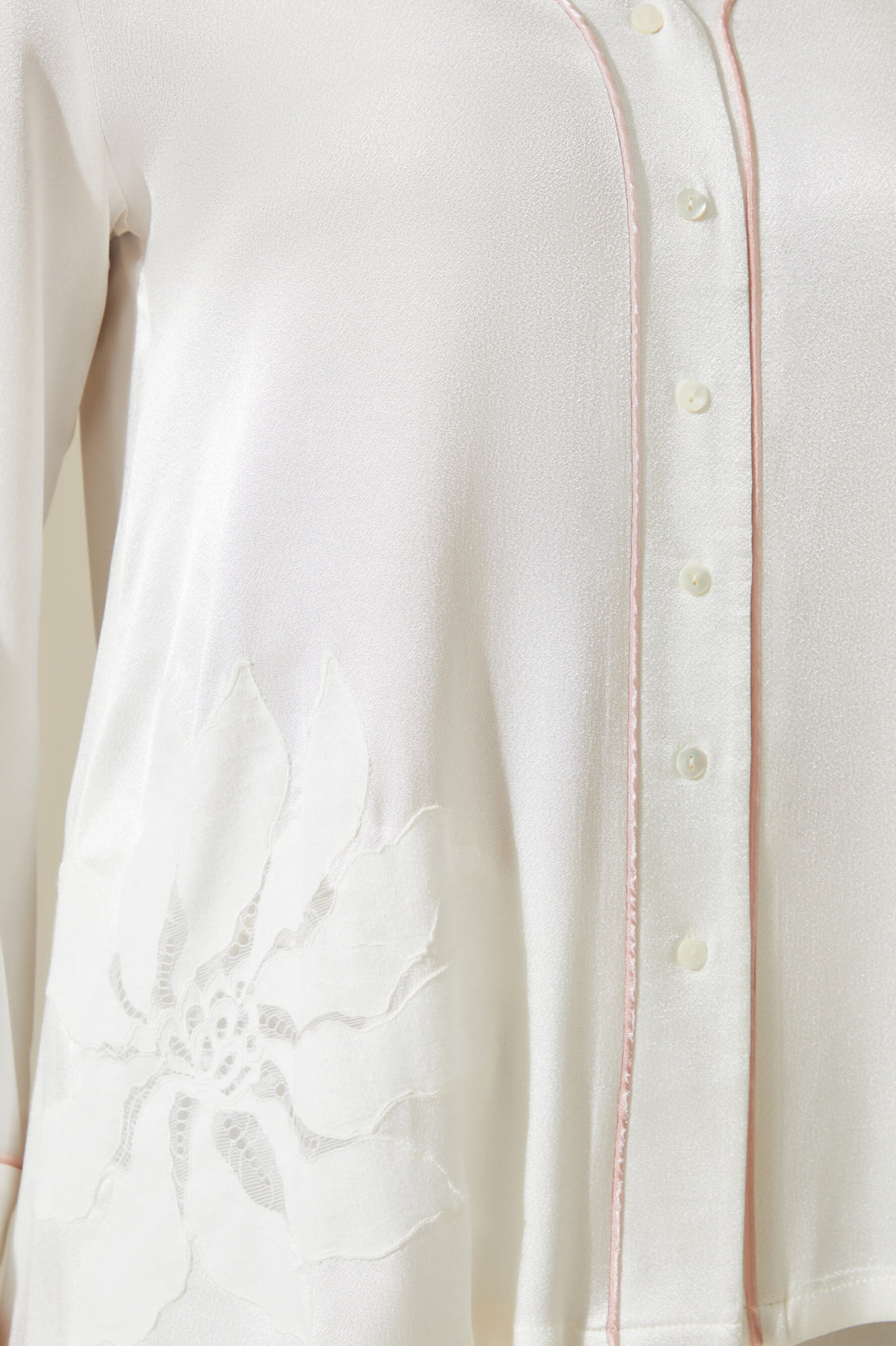 Belladonna - Trimmed Rayon and Buttoned Long Sleeve Pyjama Set -Off white with Shell Pink Pipe