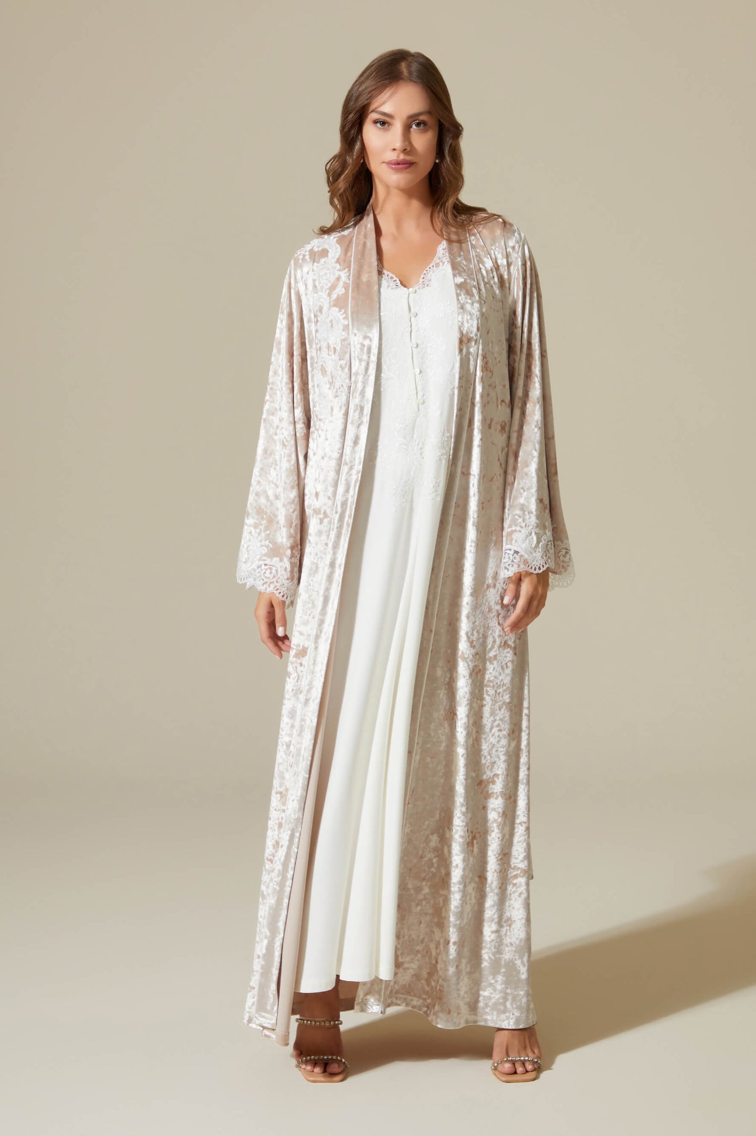 Rana Long Velvet Robe Set with Combed Cotton Inner Nightgown - Off White on Off White