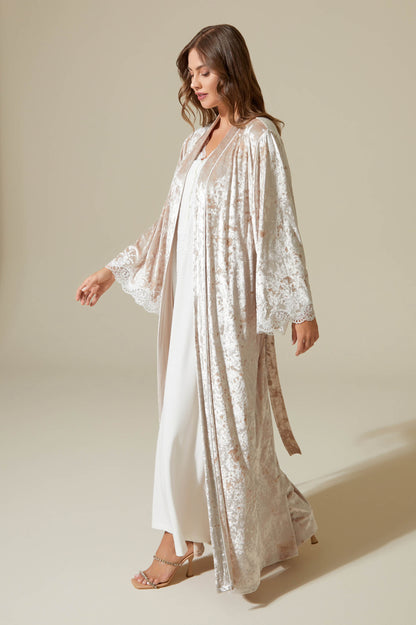 Rana Long Velvet Robe Set with Combed Cotton Inner Nightgown - Off White on Off White