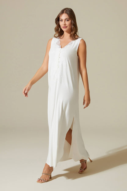 Luna Long Trimmed and Buttoned Cotton Nightgown - Off White on Off White