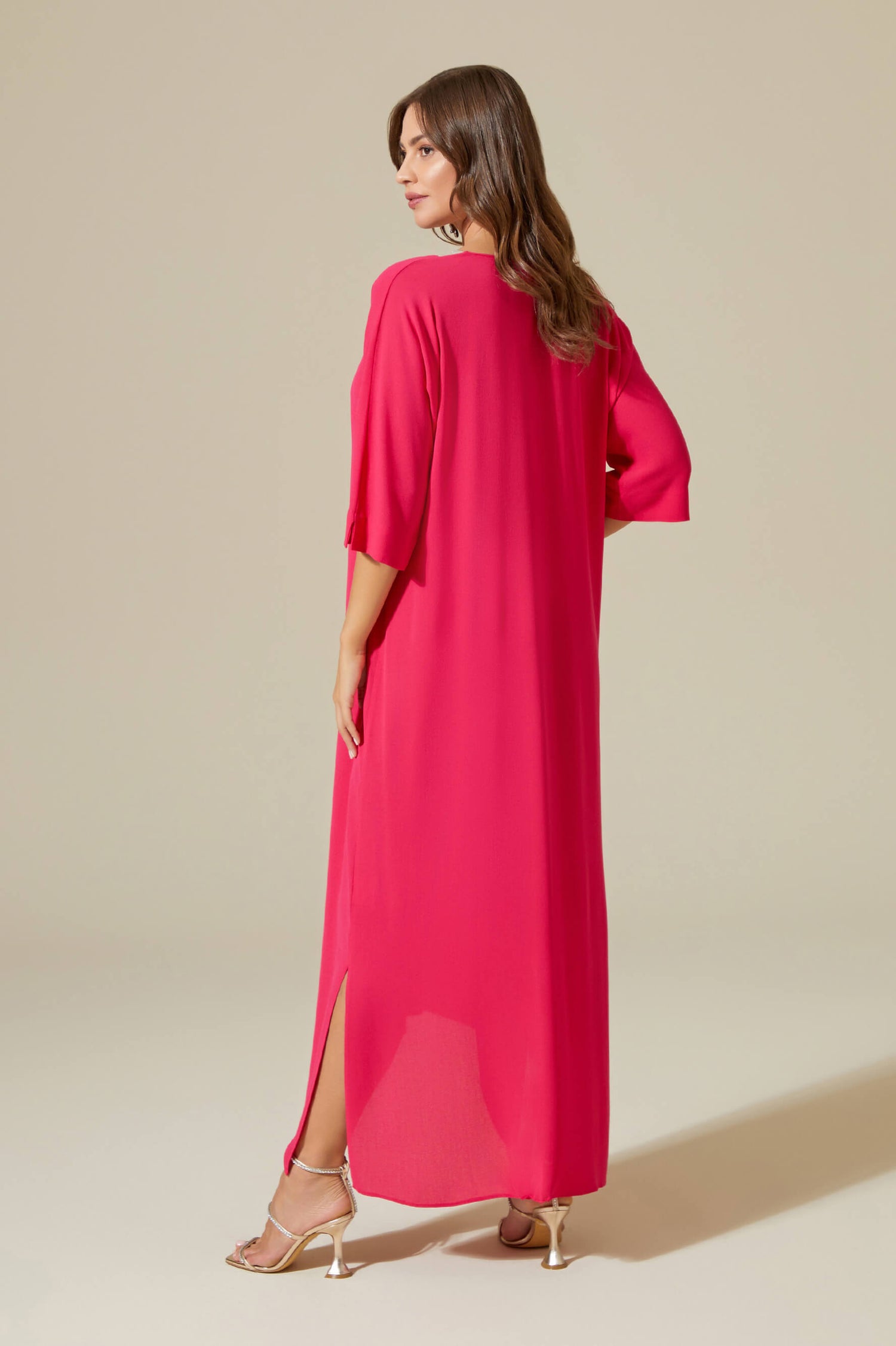 Zahra - Rayon Crepe V Neck Dress - Fuchsia