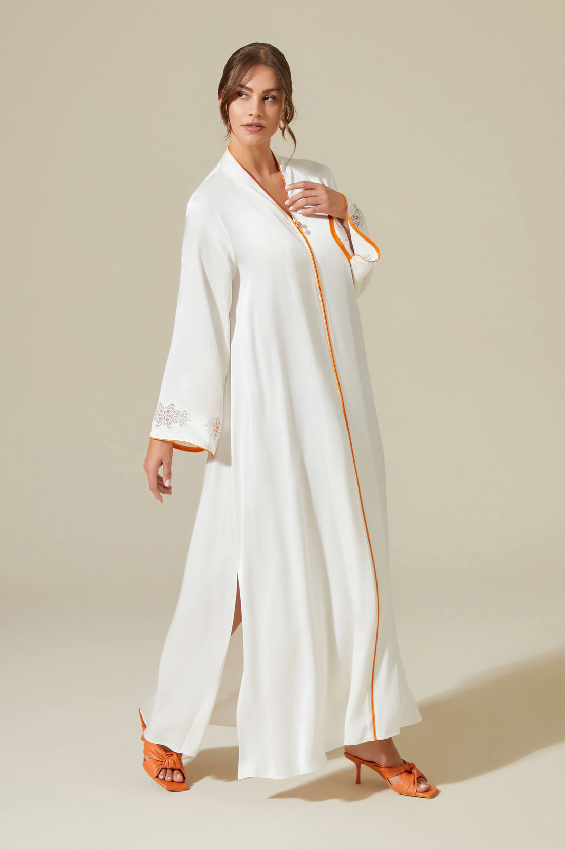 Abelia - Trimmed  Long Zippered Dress -Off White with Orange Pipe