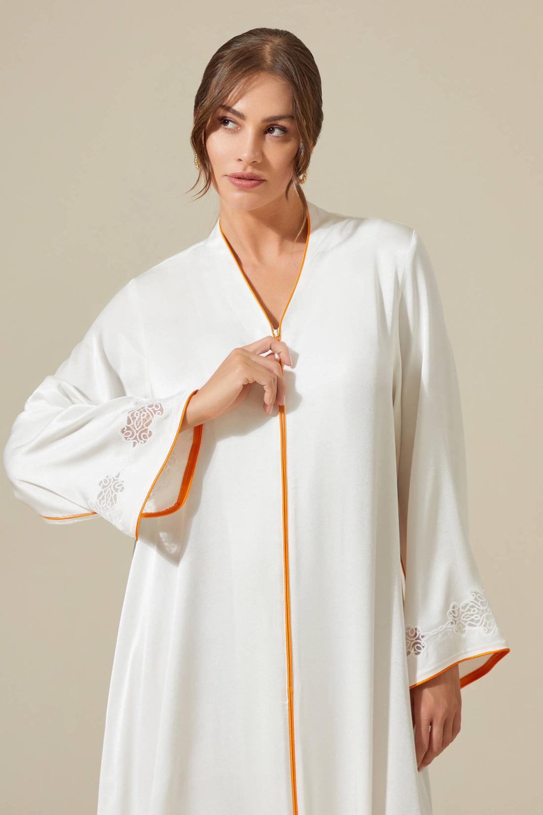 Abelia - Trimmed  Long Zippered Dress -Off White with Orange Pipe