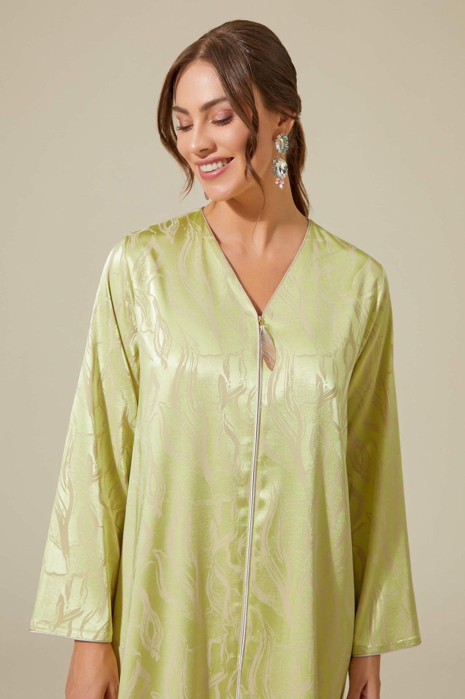 Sahara - Luxury Patterned and Zippered Rayon Full Length Dress - Pistachio Green