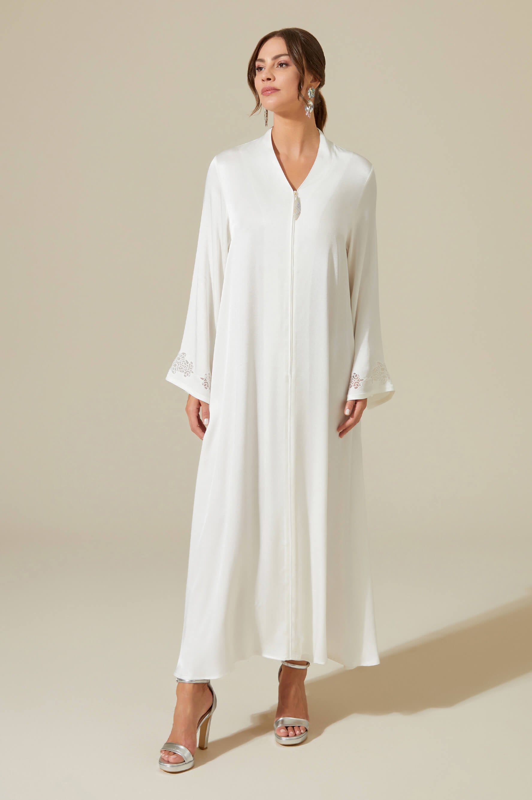 Abelia - Trimmed  Long Zippered Dress -Off White with Off White Pipe