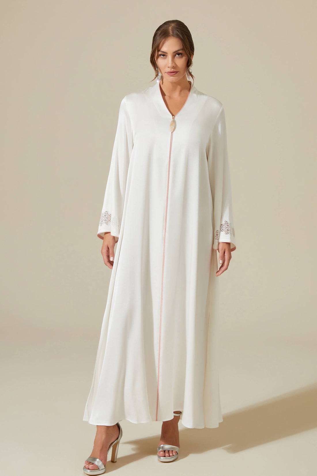 Abelia - Trimmed  Long Zippered Dress -Off White with Shell Pink Pipe